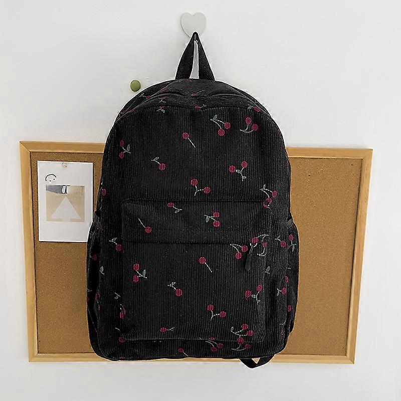 Corduroy Backpack with Cherry Print, Large, Multi-Pocket, Lightweight, Foldable