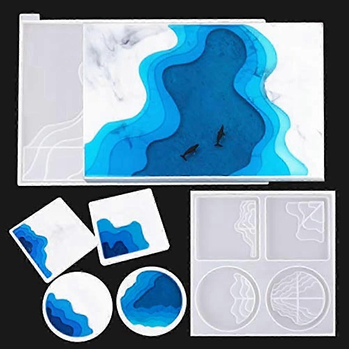 Large Ocean-Themed Rolling Tray Resin Mold with Coaster, Coastal Wave Design for DIY Epoxy Art and Craft Organisation