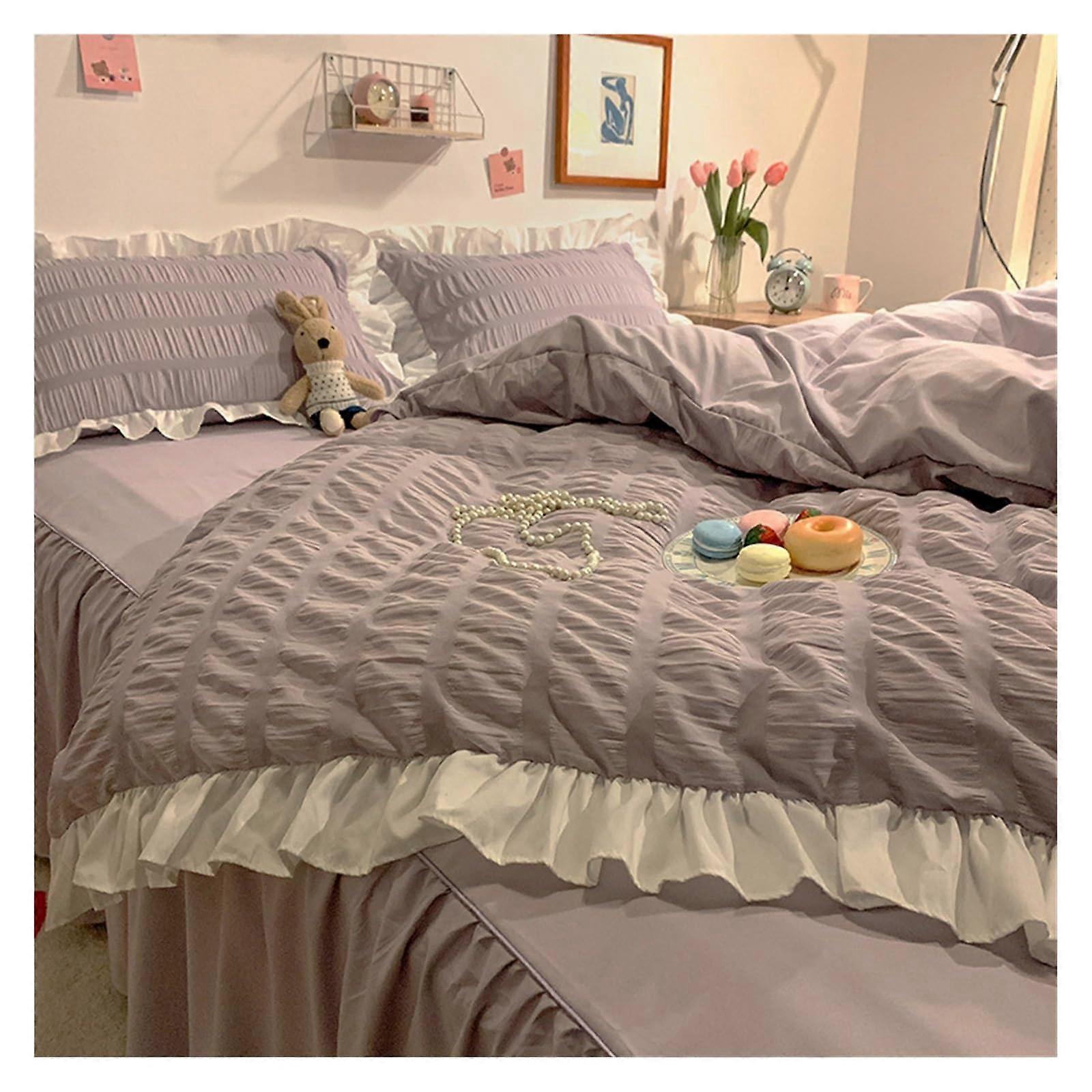 King Size Ruffled Duvet Cover Set with Zipper and Corner Ties, Purple Textured Stripe