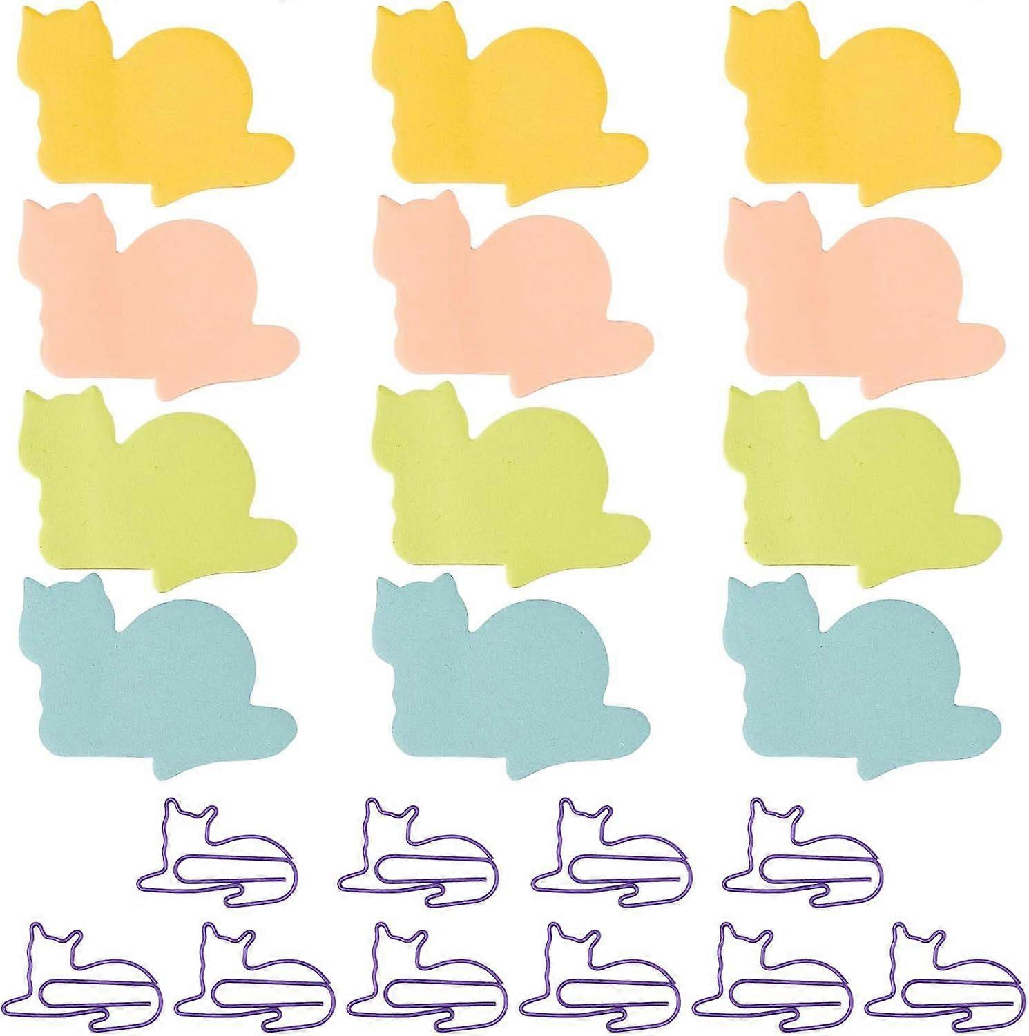 12 Books 4 Colors Lying Cat Sticky Notes Set 10Pcs Cat Paper Clip Set Animal Shape Notepad Metal Bookmark Clips Cat Lover Gifts for Planner Designer O