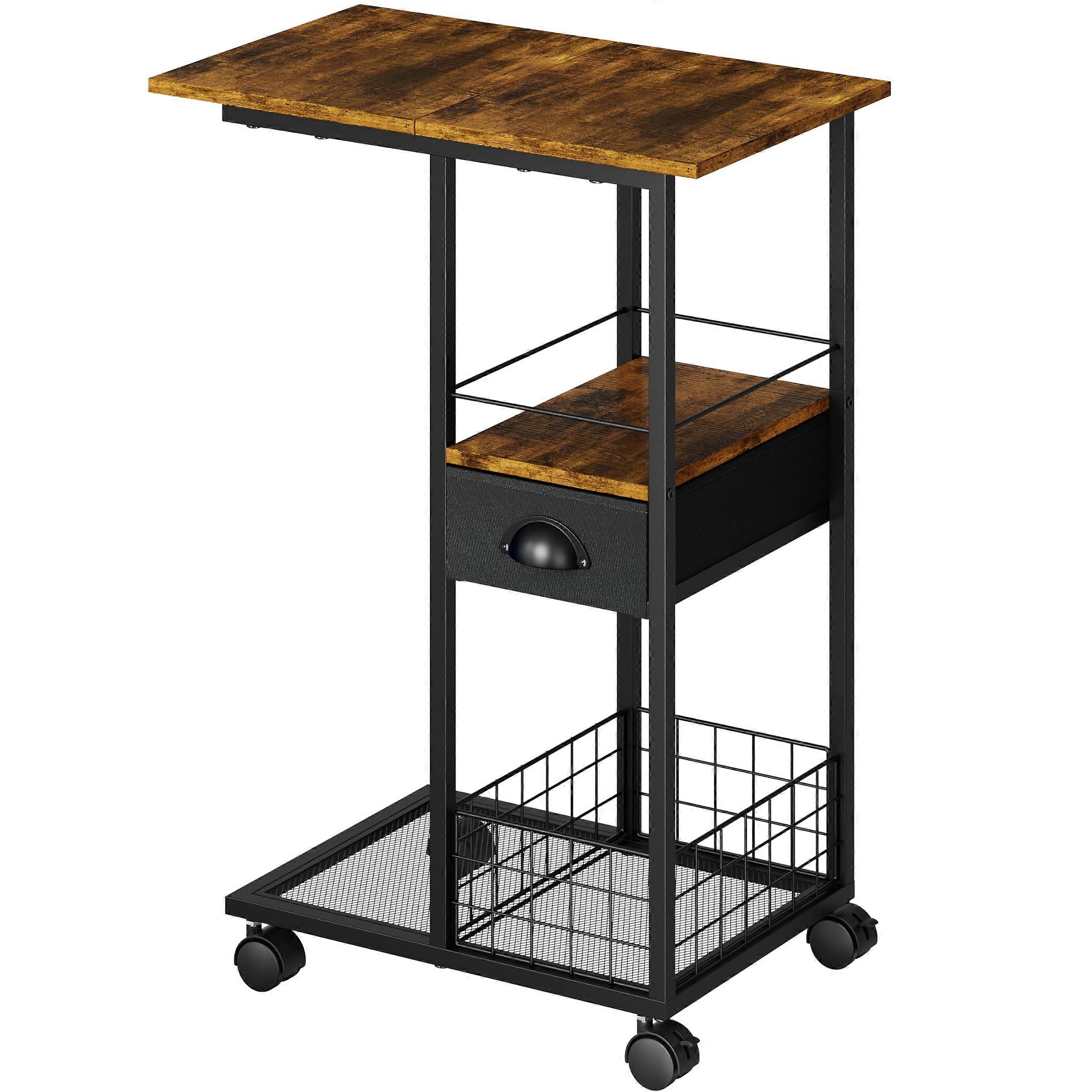 C Shaped Side Table with Wheels and Drawer, Rolling Sofa End Table for Small Spaces, Black Large