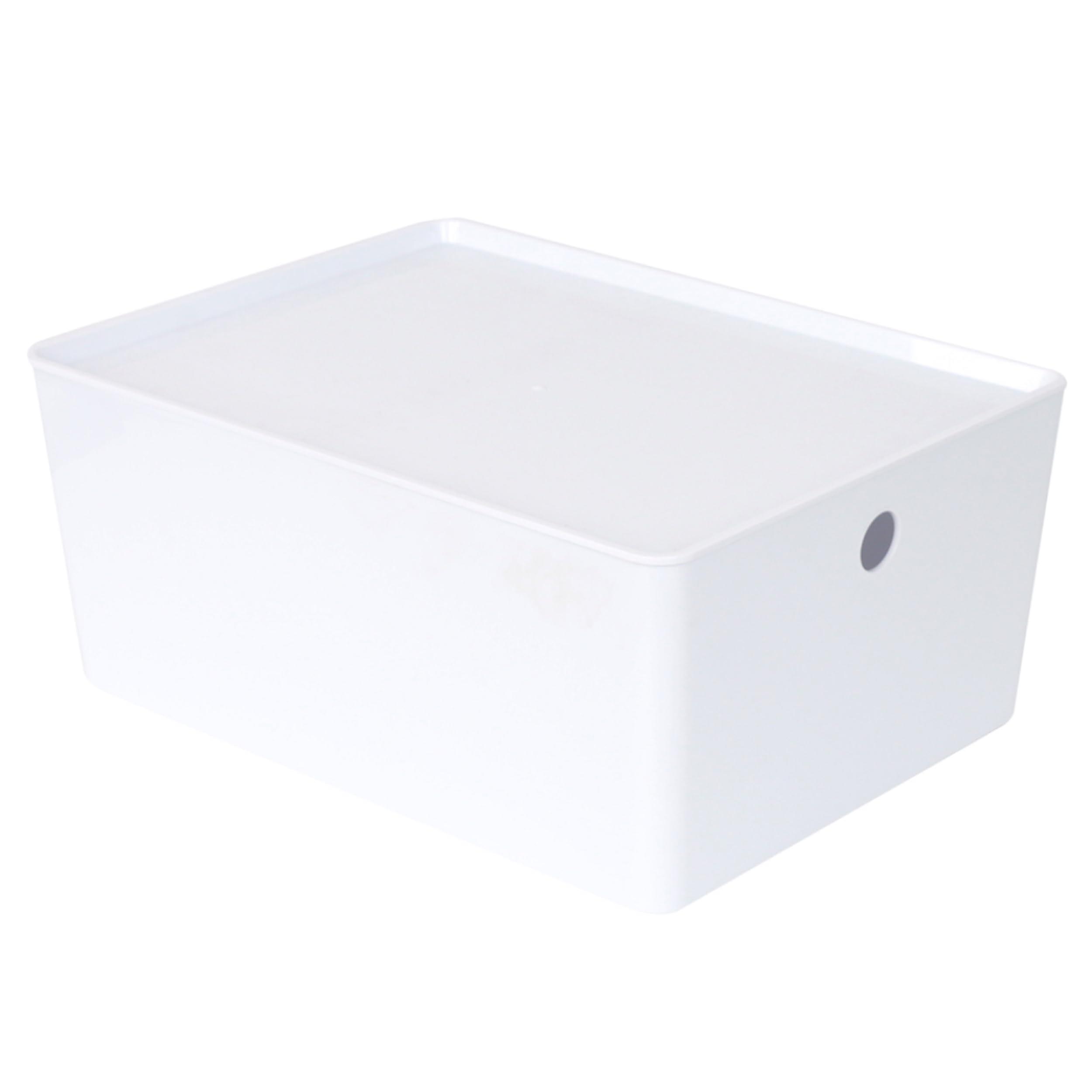 Plastic Storage Bin with Lid and Handle, Medium White Organizer Basket for Home and Office