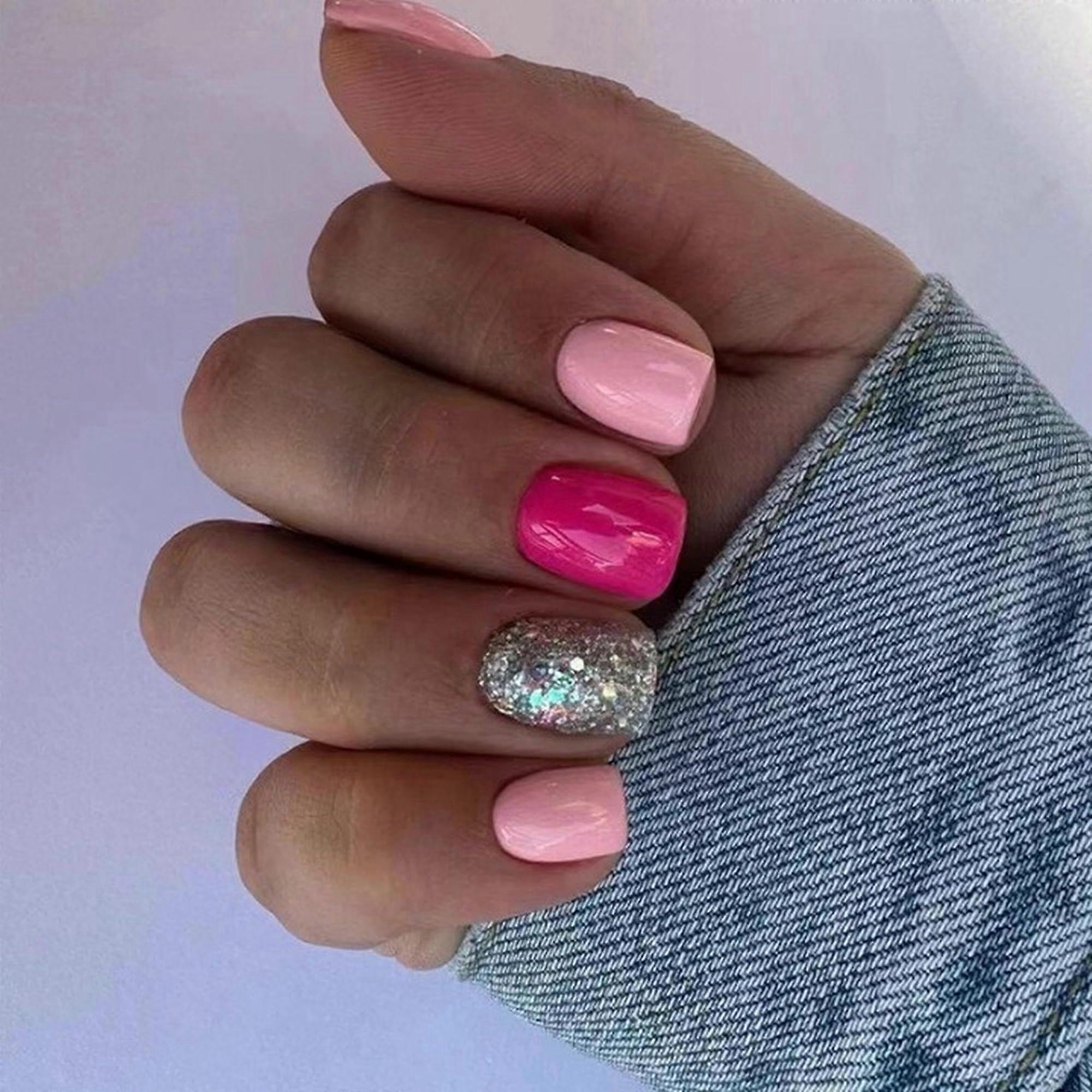 Pink Red Short Squoval Press on Nails 24pcs, Durable Solid Gel Glossy Fake Nails, Easy Application