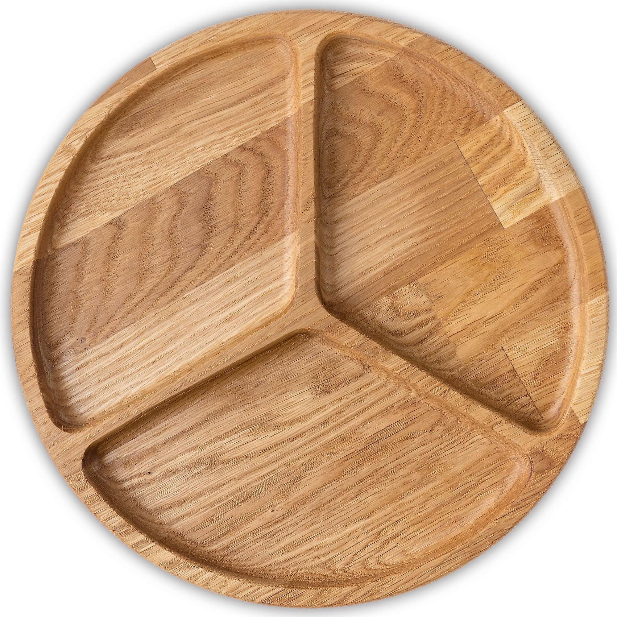 Wooden Divided Plate 10 Inch Solid Oak with 3Section Portion Control Design EcoFriendly Dish