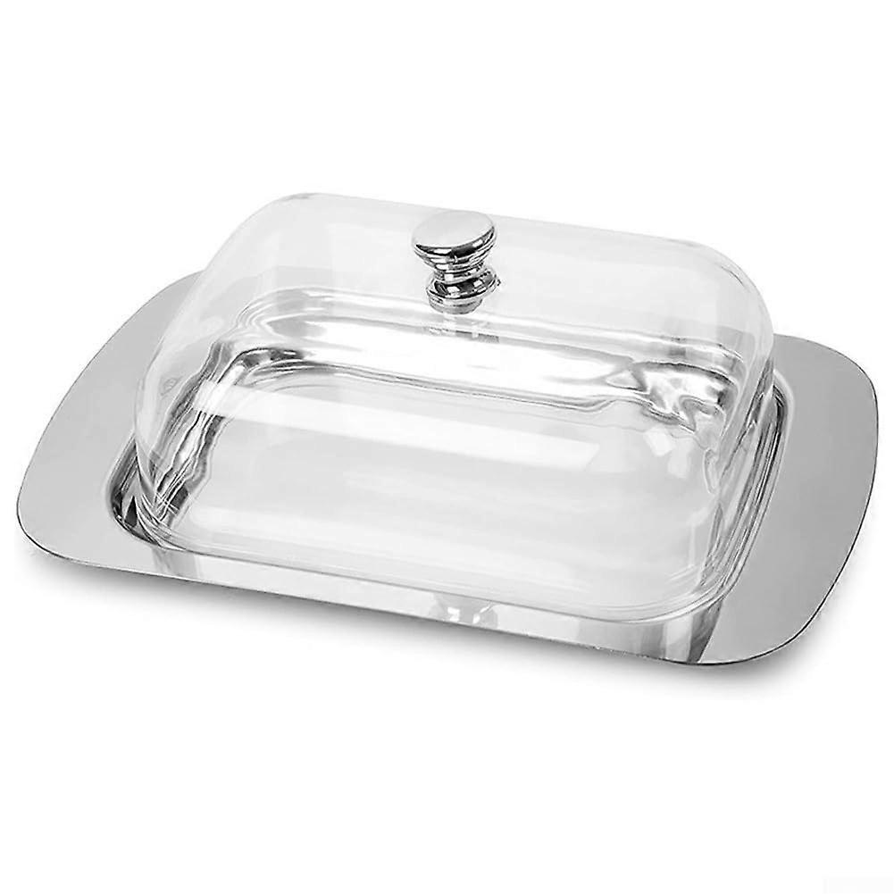 Stainless Steel Butter Dish with Clear Plastic and Metal Lids, Rectangular Keeper for Kitchen Storage