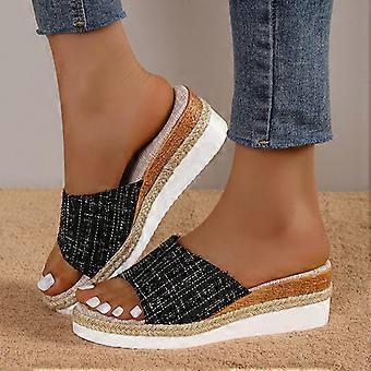 Damessandalen met sleehak, platte damesschoenen, damesstrandsandalen, antislip zomerslippers, zwart, Amerikaanse maat 6.5