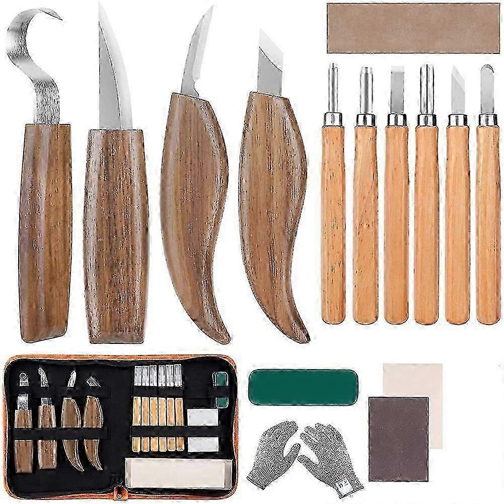 Beginner's Wood Carving Kit - 15 Knives & Gouges with Case & Gloves