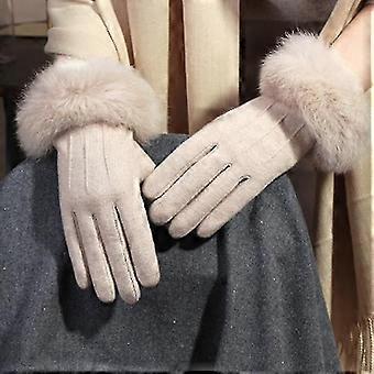 Gants de fourrure de lapin Femme Velours d’hiver Épaissir Mitaines chaudes Cachemire Broderie plein doigt Broderie Laine Écran tactile Gants de conduite