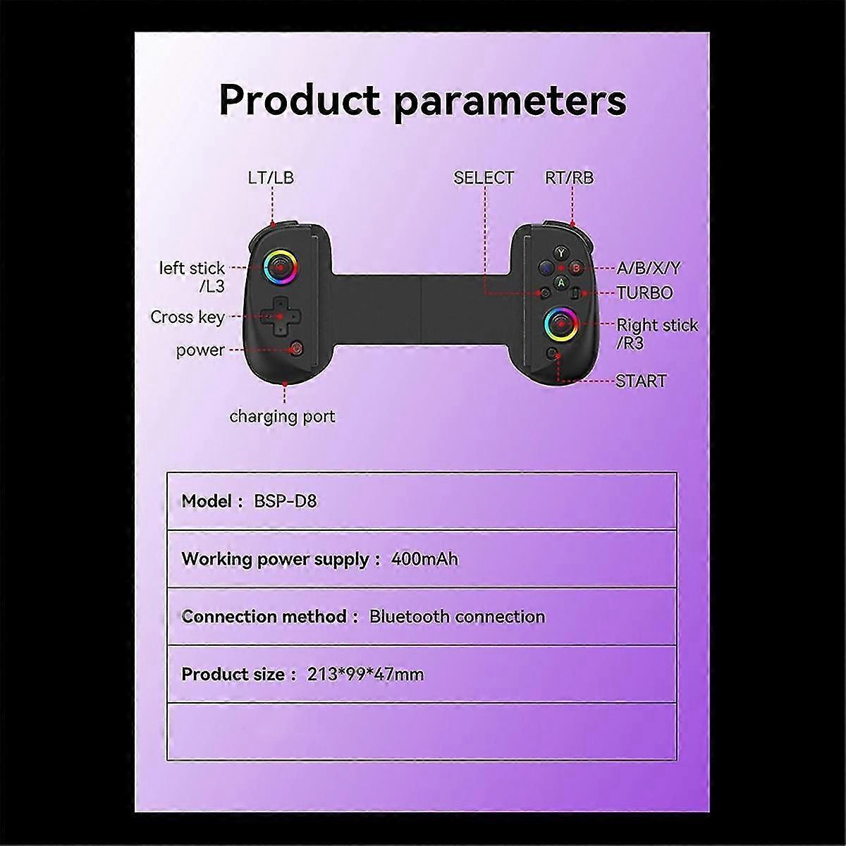 D8 Telescopic Game Controller RGB Light Mobile Game Controller with 6-Axis Vibration for Android IOS PS3 Switch PC,B