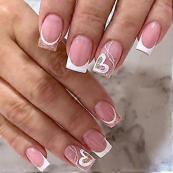 Square False Nails Short,24PCS French Nails Press on Nails,False Nails with Glue,Pink Heart Design Fake Nails Glitter,Squoval Nails Removable