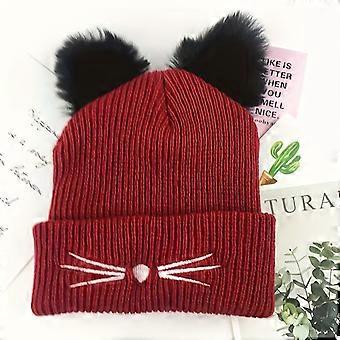 Cat Ear Beanie Embroidered Knit Hat, Cute Warm Autumn Winter Headwear for Women and Girls