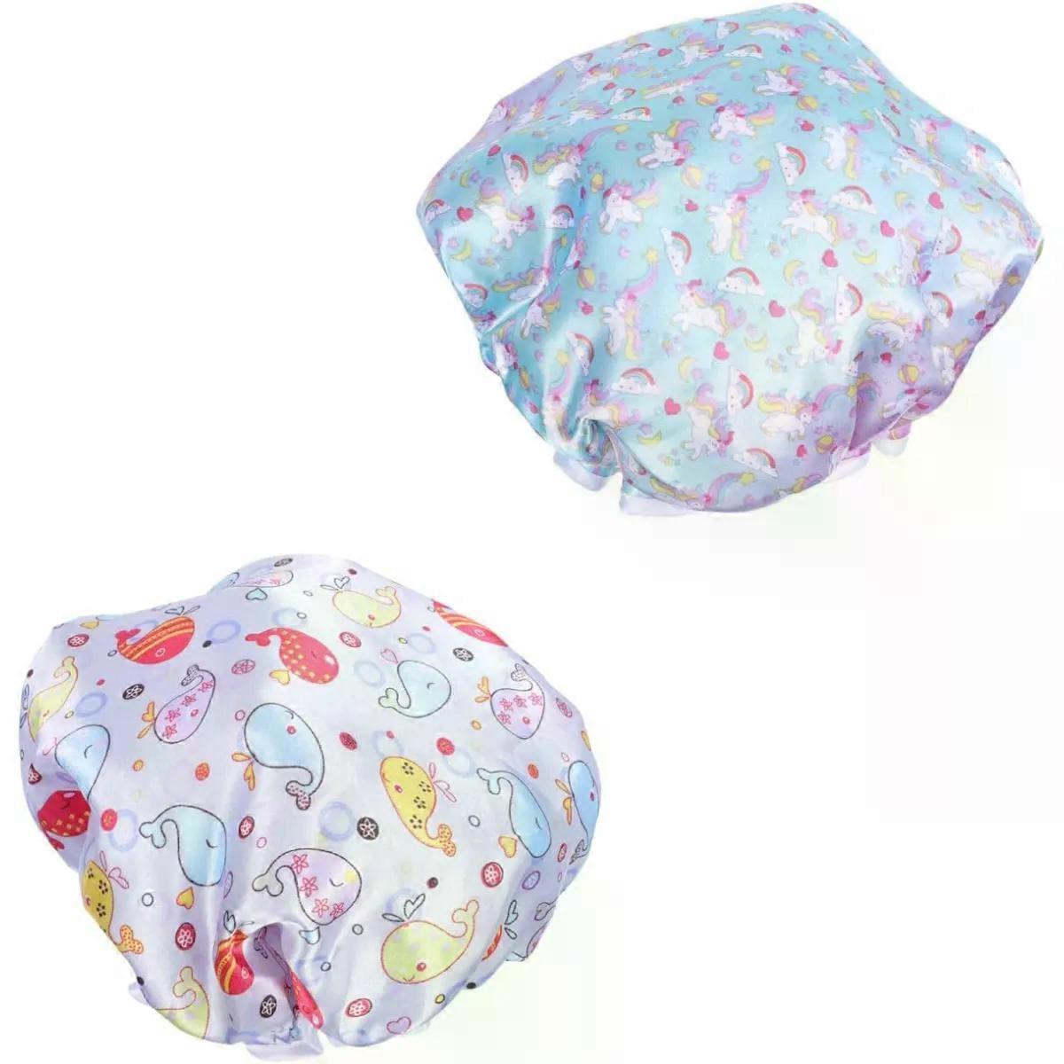 Printed Shower Caps 2pcs Satin Cloth Double Layer Pe Waterproof