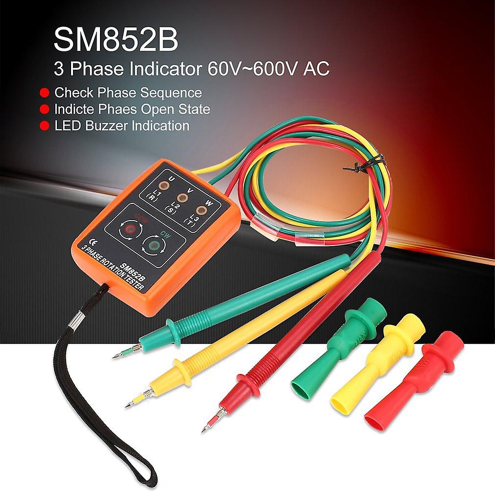 3 Phase Rotation Digital Phase Indicator Detector Led + Buzzer Sm852b Phase Sequence Meter 60v~600v Ac With Alligator Clips
