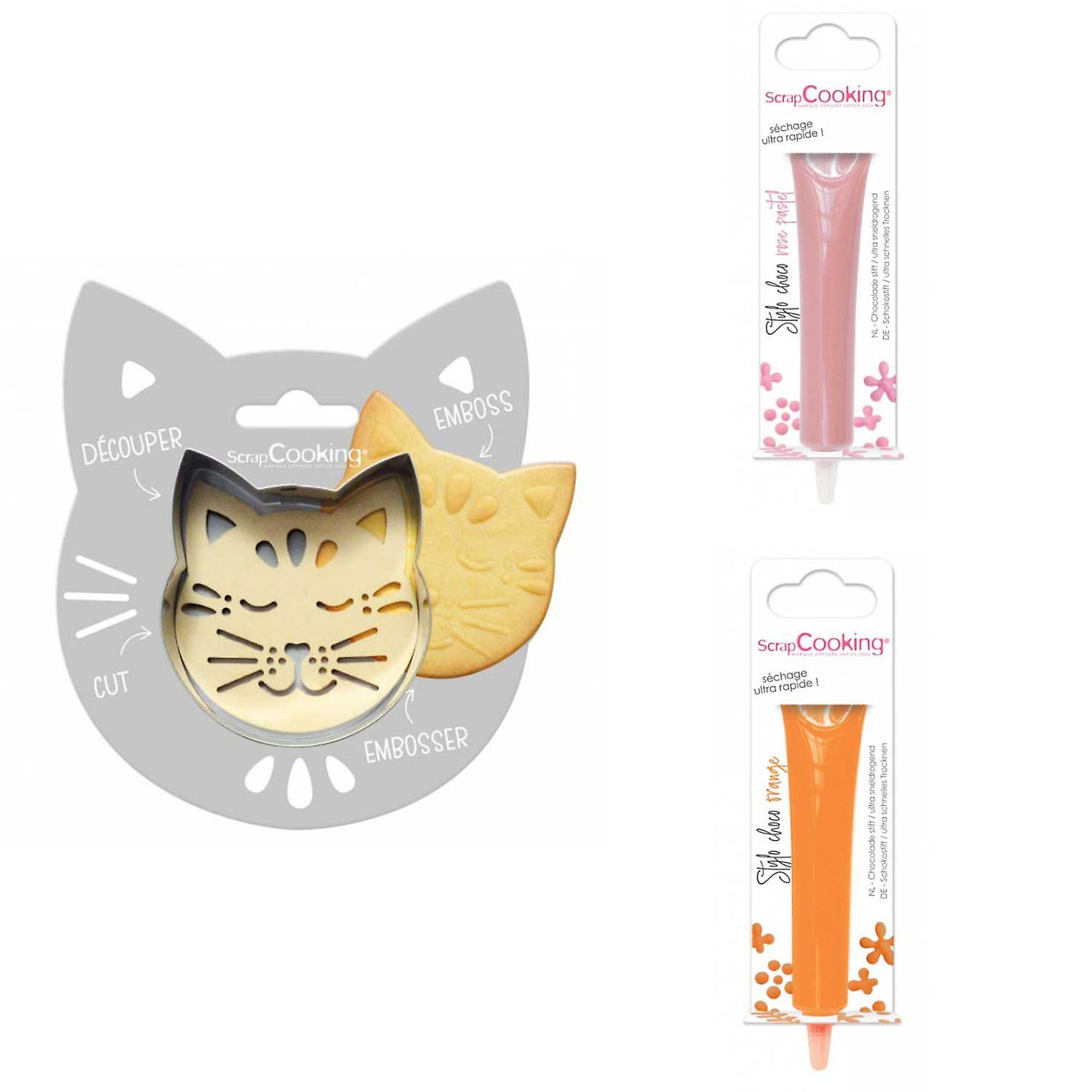 猫咪浮雕饼干套装 + 2 支粉色和橙色巧克力笔