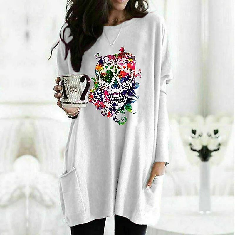 Women's Fashionable Colorful Skull Printed Long-sleeved T-shirt