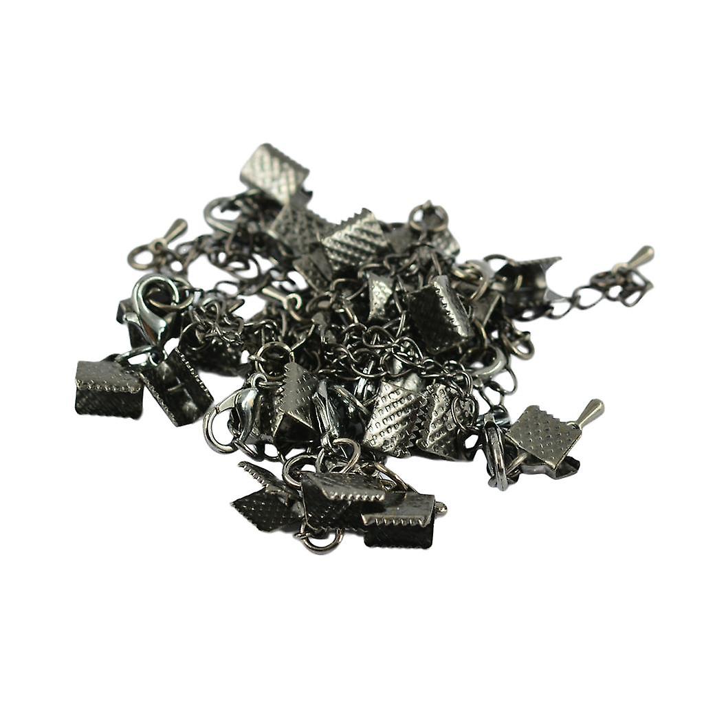 12 x Lobster Claw Clasp Crimp Clip Ends with Extender Chain Hematite Black