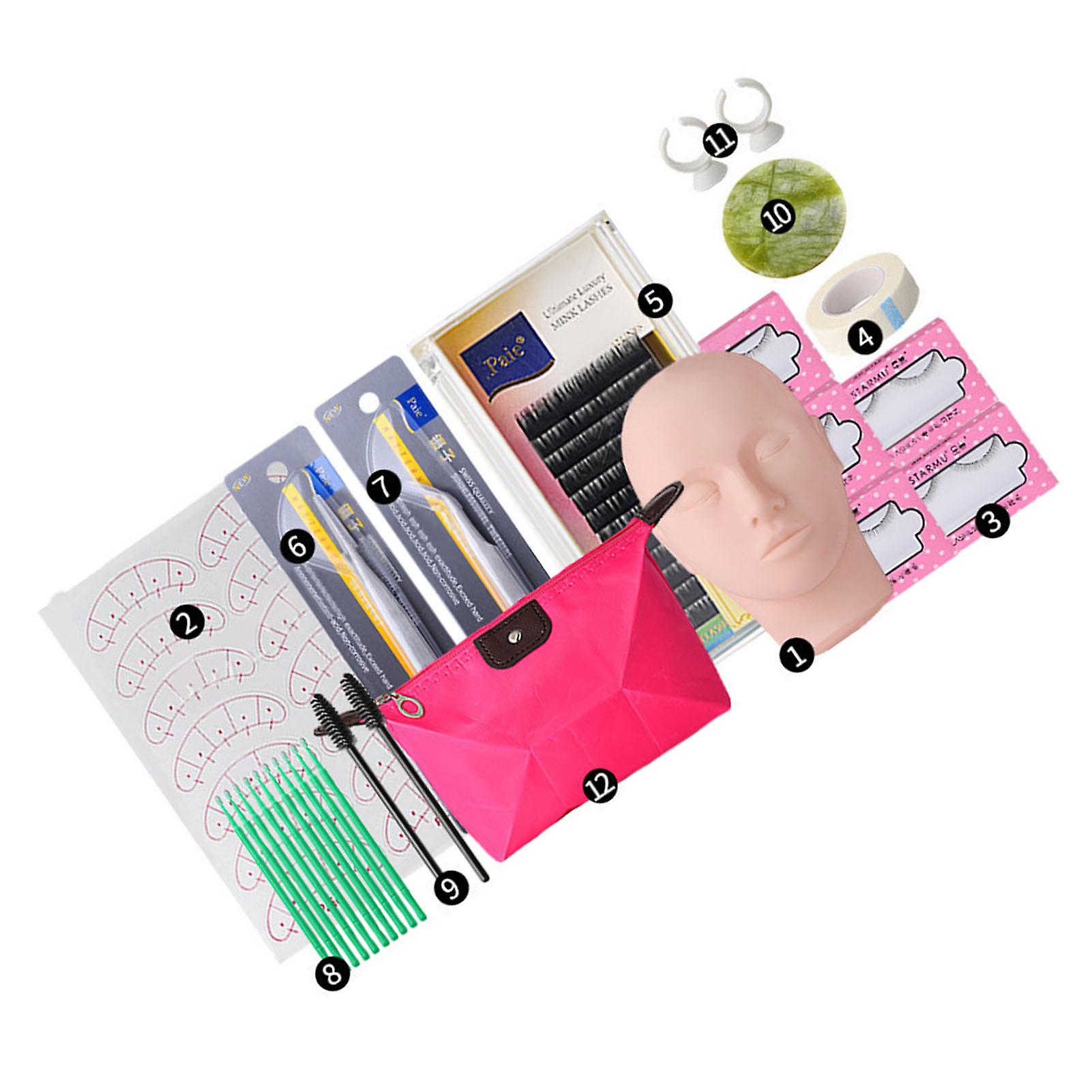 Eyelash Extension Mannequin Head Kit Eye Pads Lashes Tweezers Lash Training Practice Head Set 12pcs 