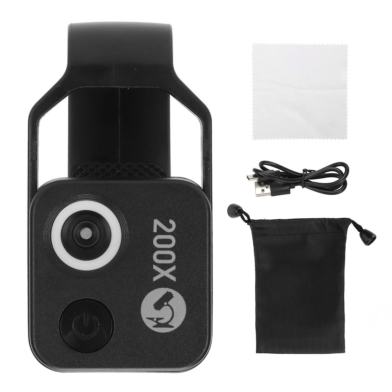 200X Zoom Phone Mini Pocket Microscope with CPL Lens LED Light Mobile Phone External Lens Portable Phone Microscope Camera Black