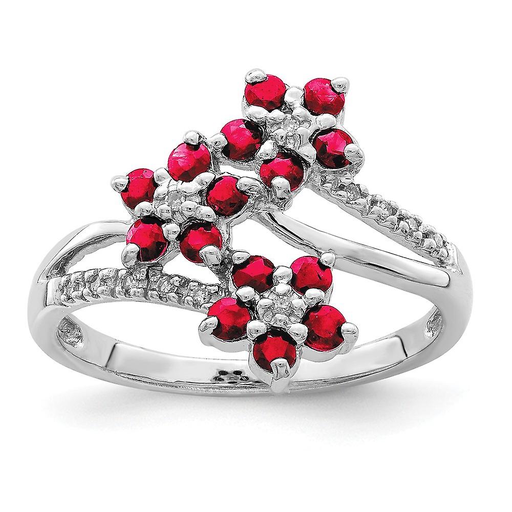 925 Sterling Silver Polished 3 Flower Ruby and Diamond Ring-Ring for Women - Ring Size: 6 to 8