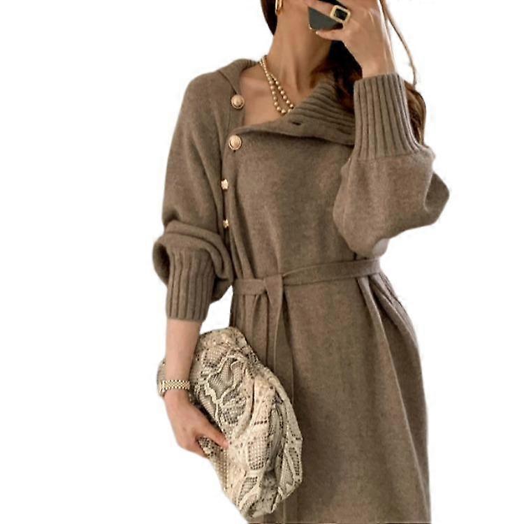 Damen Pullover Gestricktes Kleid Locker Schlank All Match High Ausschnitt Lang
