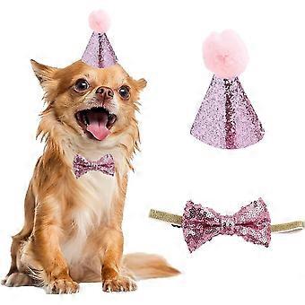 Crday Pet Hat og Bow Tie, 2 stk / sett Dog Cats Birthday Cap Med Bowknot Hodeplagg Costume For Puppy Gift