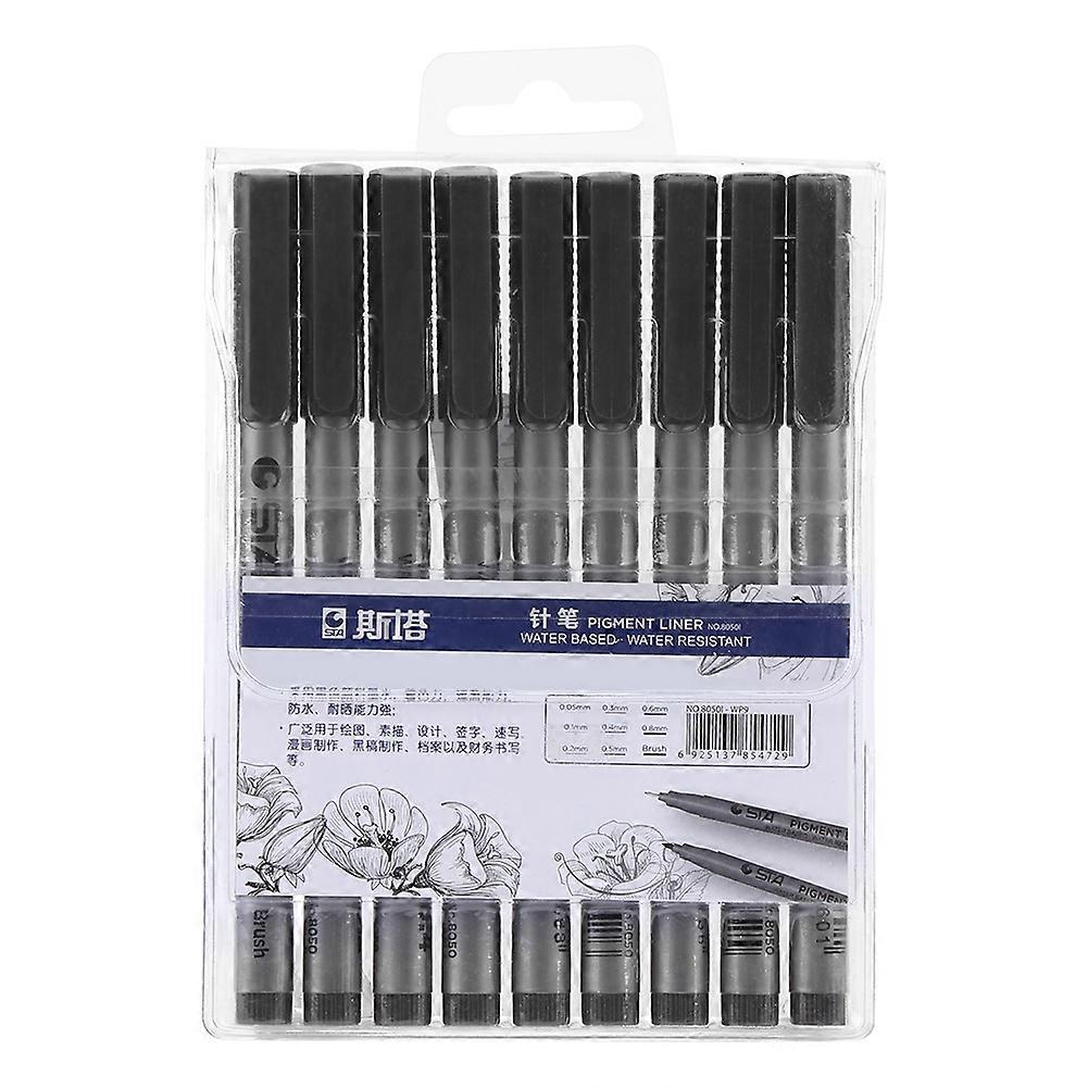 STA 9pcs Different Tip Sizes Water Based Brush Pen Set Drawing Writing Sketching Black Ink