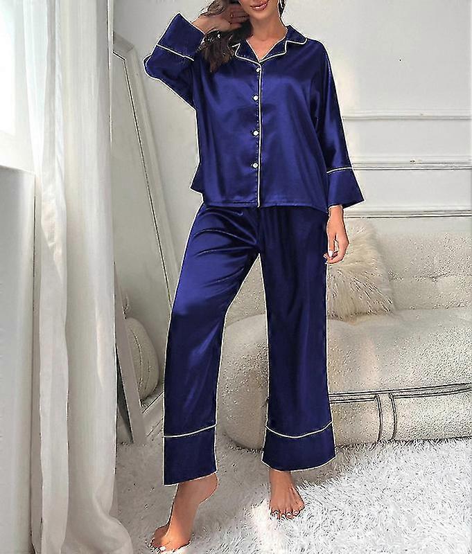New Women's Classic Button Down Long Satin Silk Pajama Set