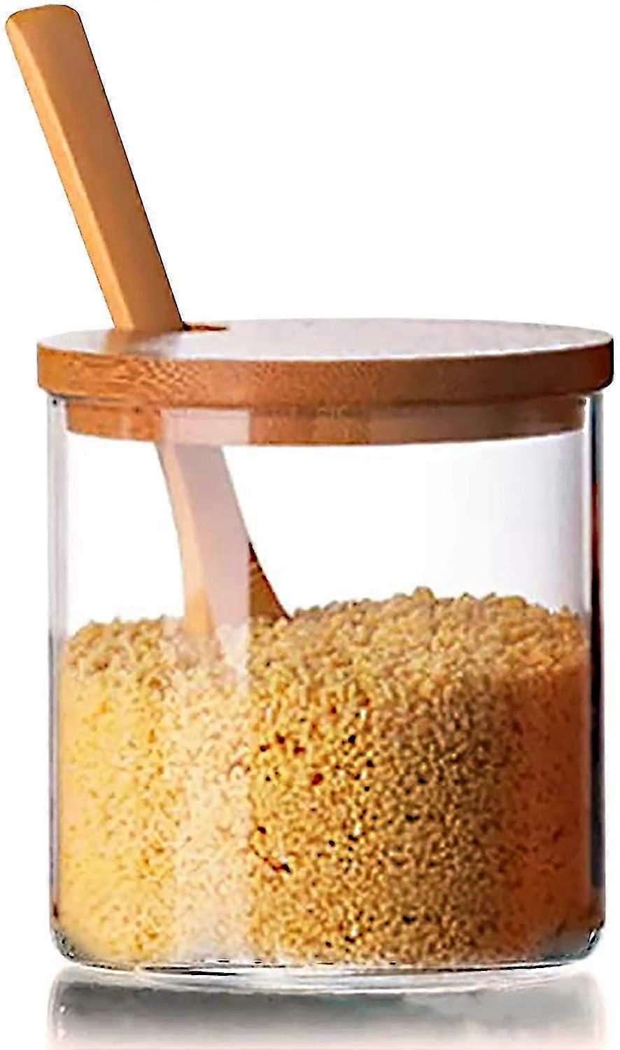Condiment Pot Seasoning Container Spice Glass Canister Pots With Spoon Bamboo Lid (1pcs)