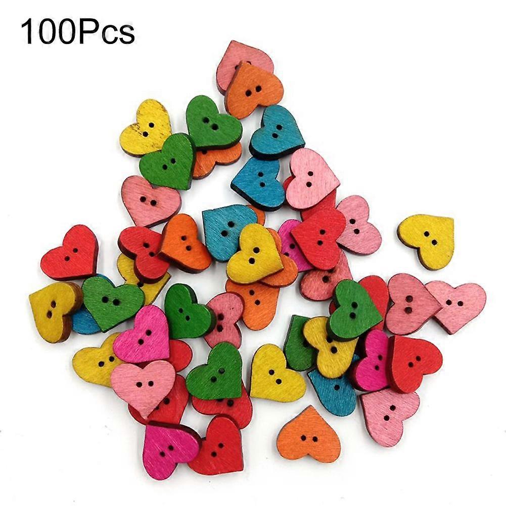 100Pcs Colorful Heart 2 Holes DIY Wooden Buttons Sewing Scrapbook Craft Decor