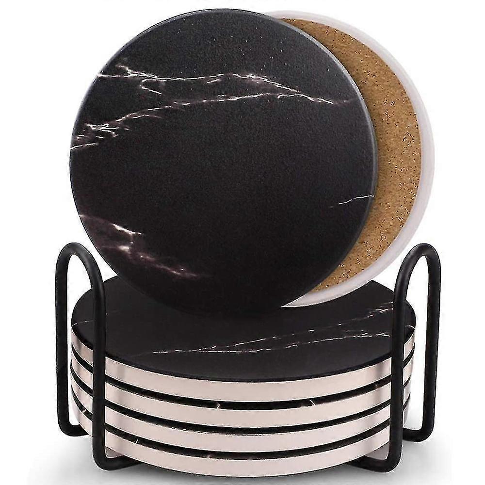 Coasters Compatible With Drinks, Ceramic Stone Coaster Set With Metal Black
