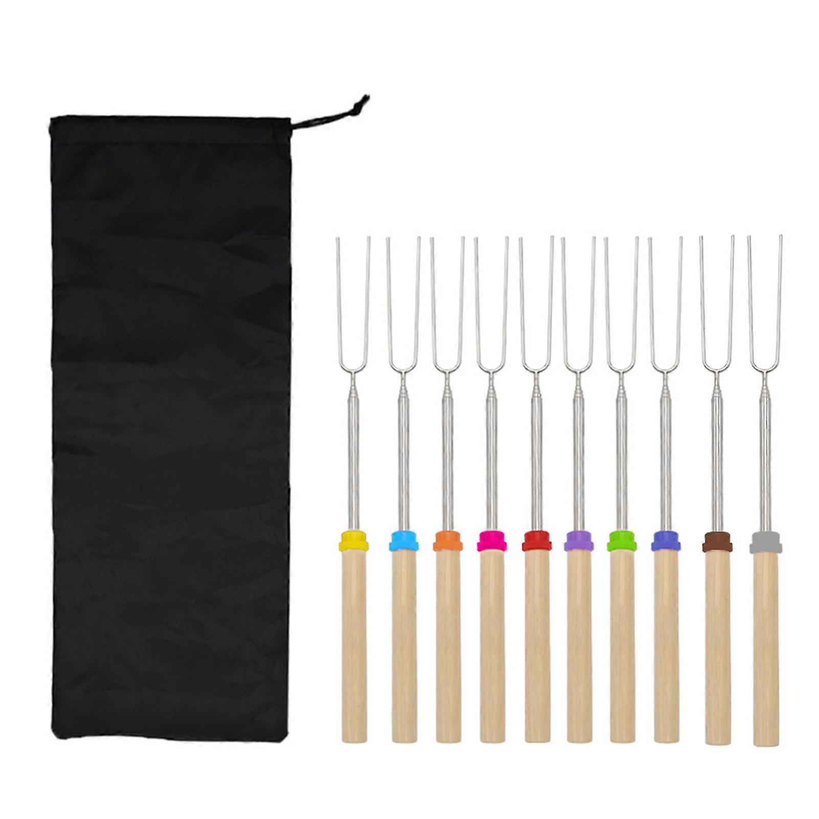 10Pcs Stainless Steel Roasting Stick with Wooden Handle Telescoping U-shaped Outdoor BBQ Smores Skewer Marshmallow Stick Hot Dog Fork
