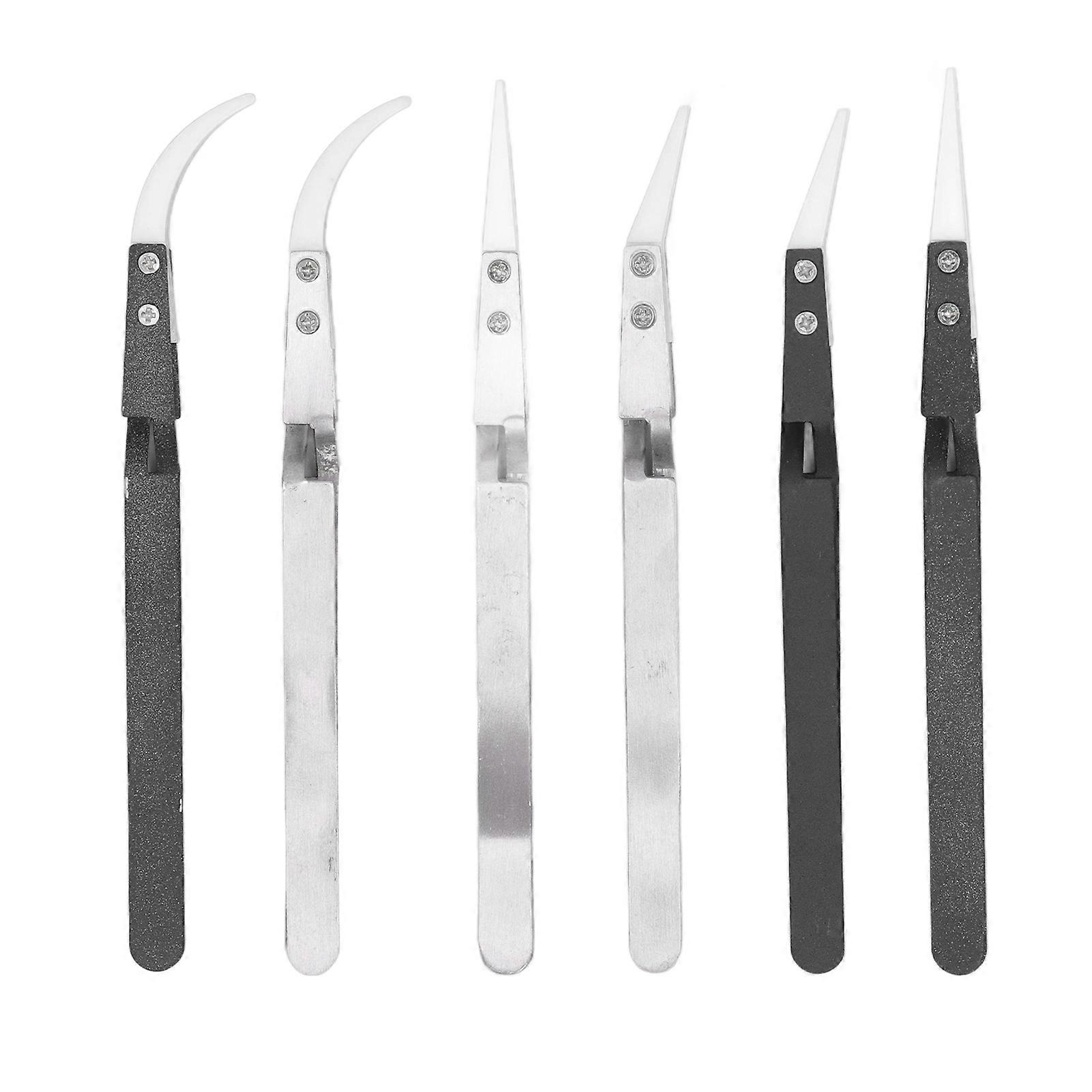 Pince à épiler à souder antimagnétique 6pcs Ensemble de pinces à épiler en céramique résistant à la chaleur en acier inoxydable incurvé pointu pour