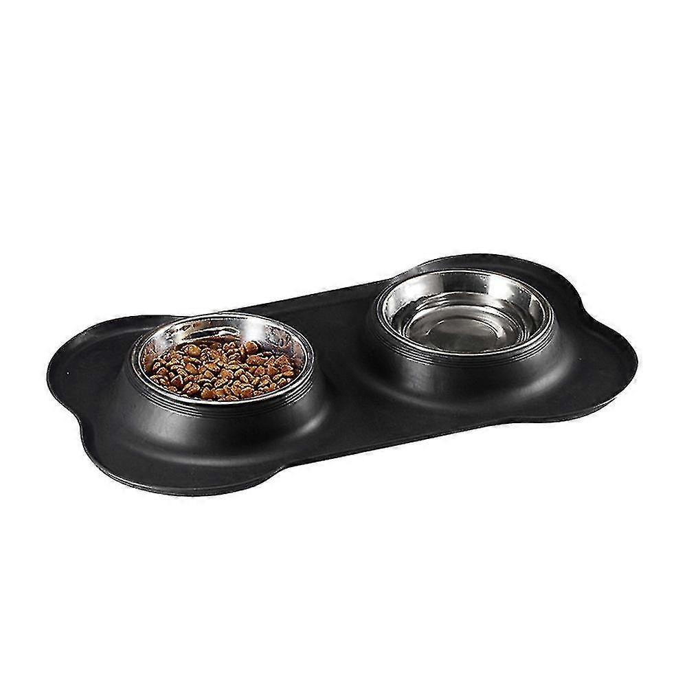 Bone-shaped Pet Cat And Dog Double Bowl Stainless Steel Conjoined Double Bowl For Dual Use(black)