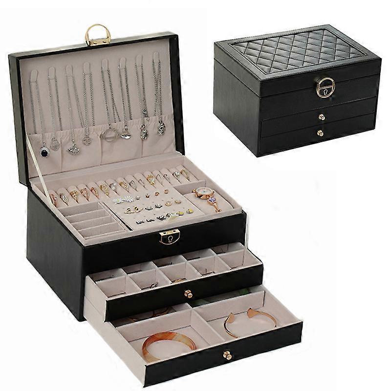 Multifunctional three-layer PU leather jewelry storage box with lock