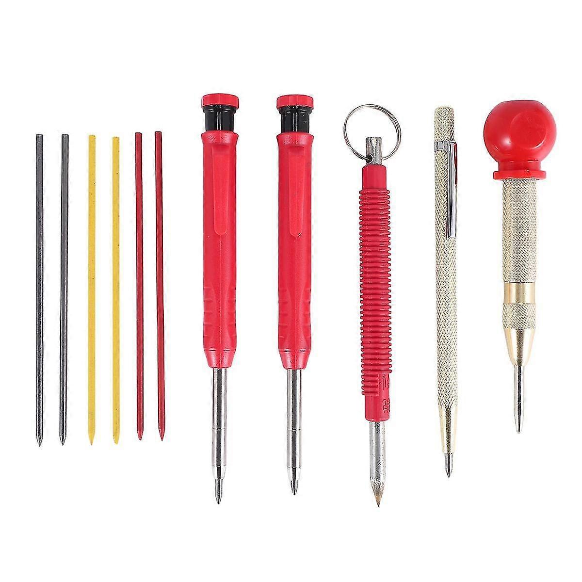 2 Solid Carpenter Pencils with 6 Refill Red Yellow Black, 2 Carbide Scriber Tools and Automatic Cen