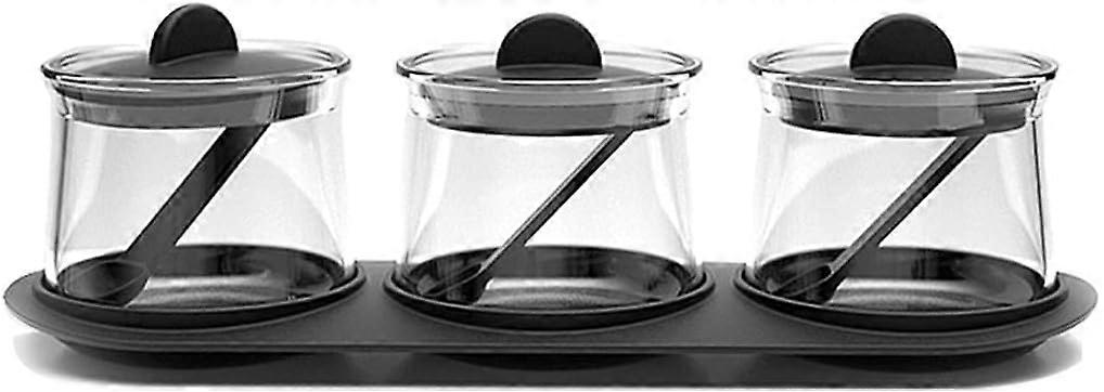Glass Condiment Jar Spice Container with Lids and Spoons,Tray, for Kitchen, Counter, Food Storage.(Set of 3)