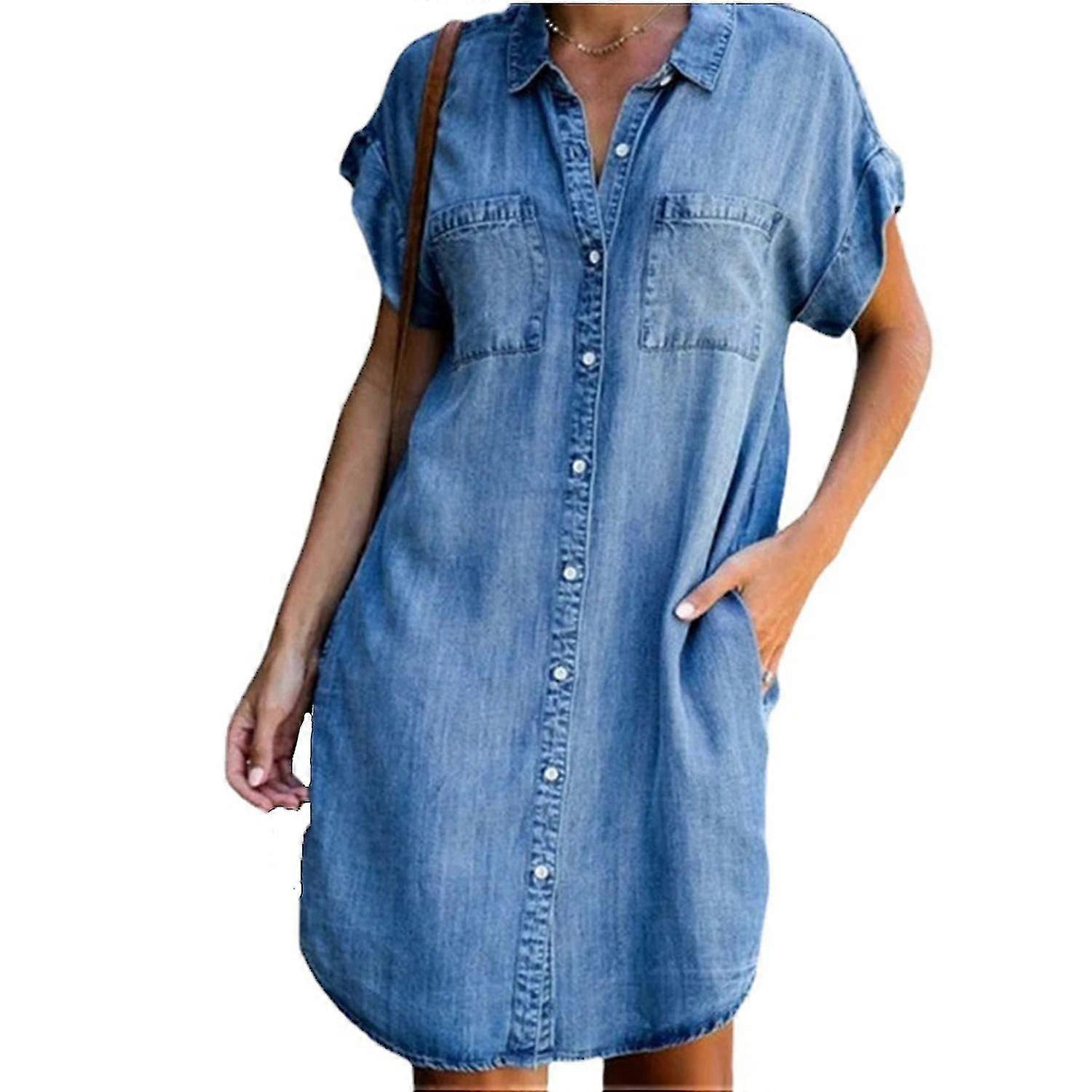 Damen Denim Hemd Kurzarm Kleider lässig locker V-Ausschnitt Midi Jeans Kleid Tunika Distressed Knopf D