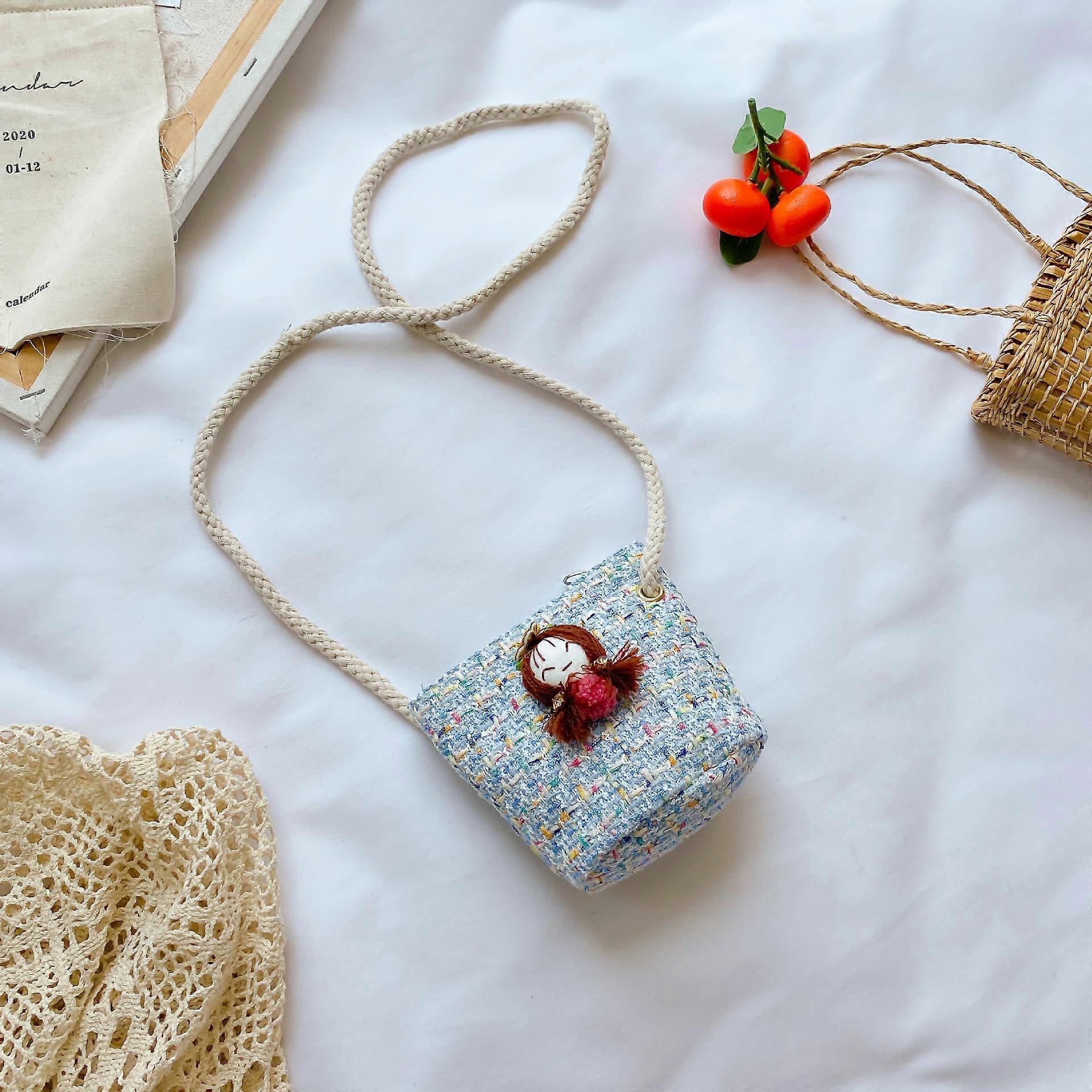 Bolso de hombro tejido para niños, cartera, forma linda 12 * 17 cm (azul + muñeca)