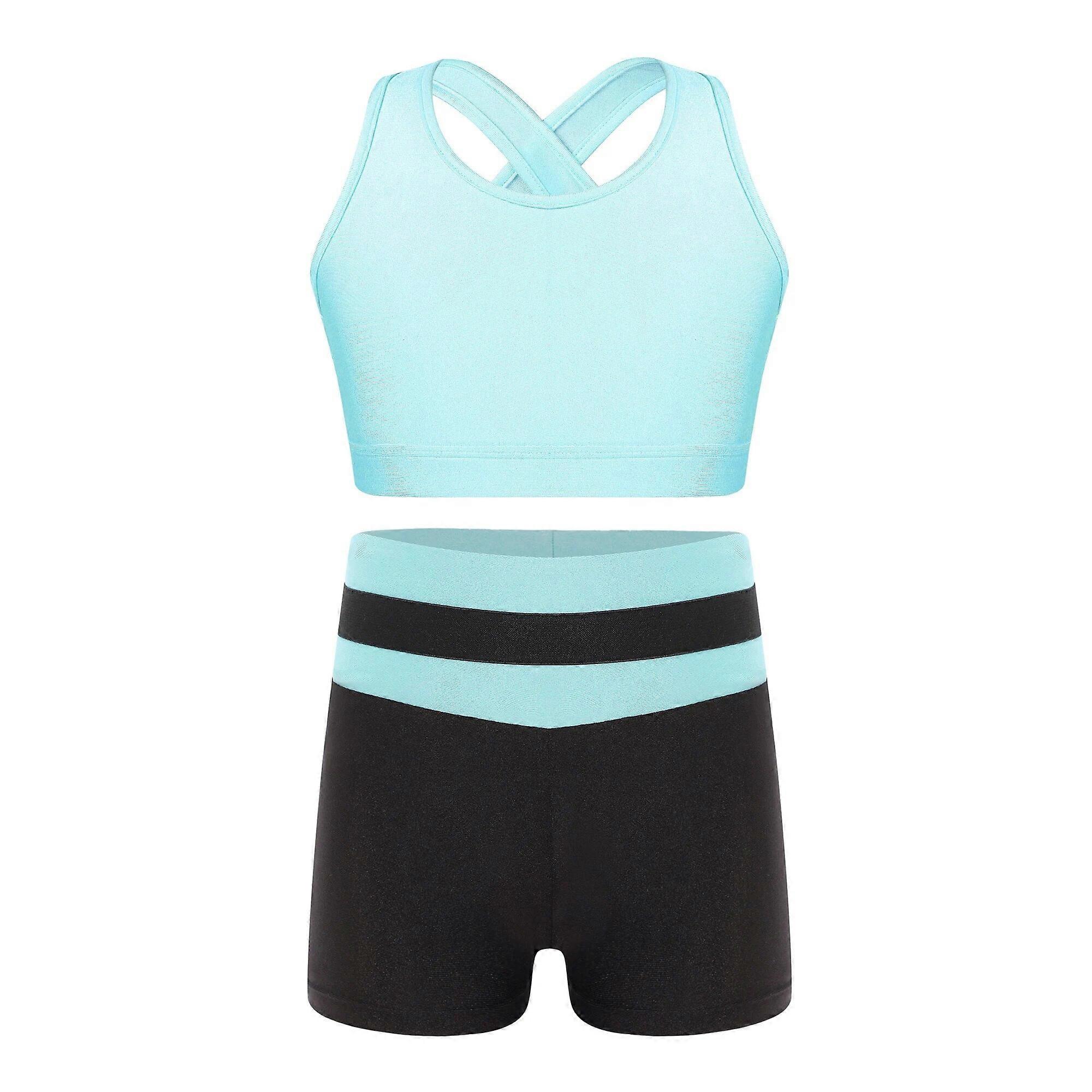 10 12 14 16Y בני נוער בנות בלט חליפות ריקוד בגדי ריקוד ילדים סטים של חדר כושר ללא שרוולים קרופ טופ עם מכנסיים קצרים ילדים התלבושות התעמלות