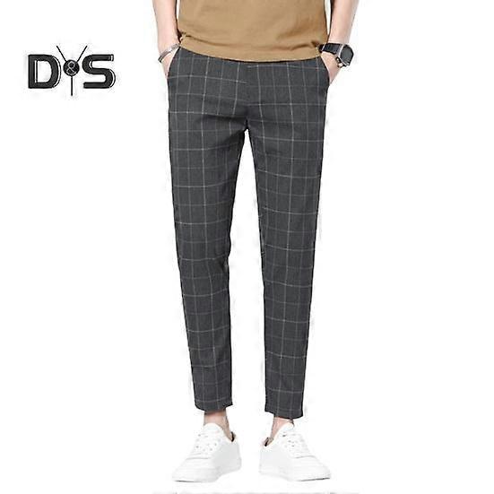 Men Ninth Pants Straight Plaid Print Side Pockets Thin Stretchy Slim Fit Button Zipper Closure Casual Formal Business Trousers