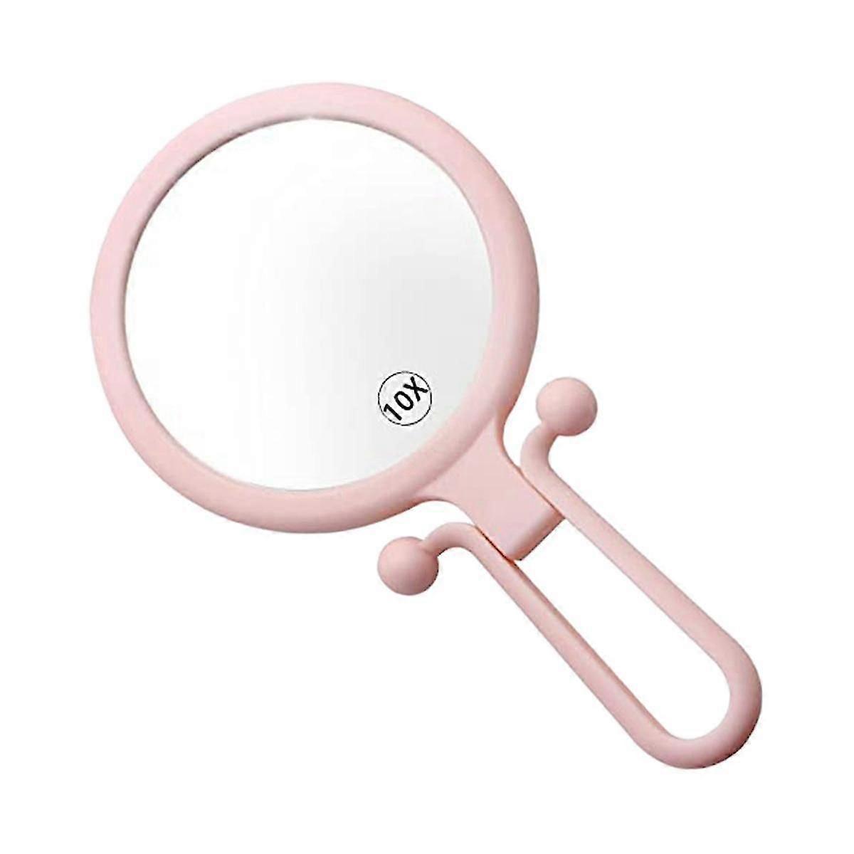 10X Handheld Magnifier, Double Sided Folding Makeup Mirror, Portable Handheld Mirror with Adjustable Handle(Pink)