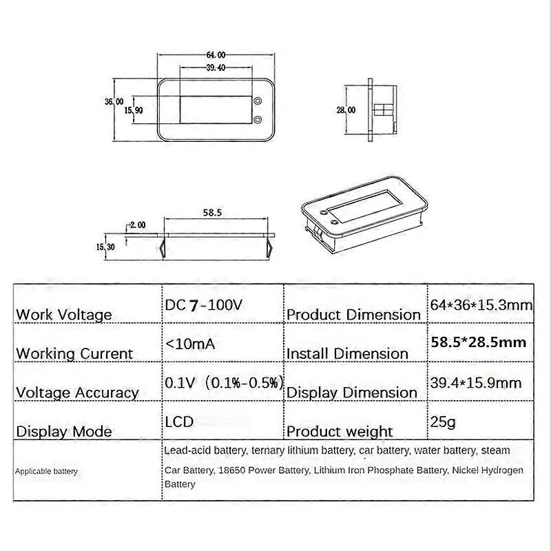 7-100V Digital Battery Capacity Tester Battery Monitor Voltage Temperature Switch Meter for Car Ship