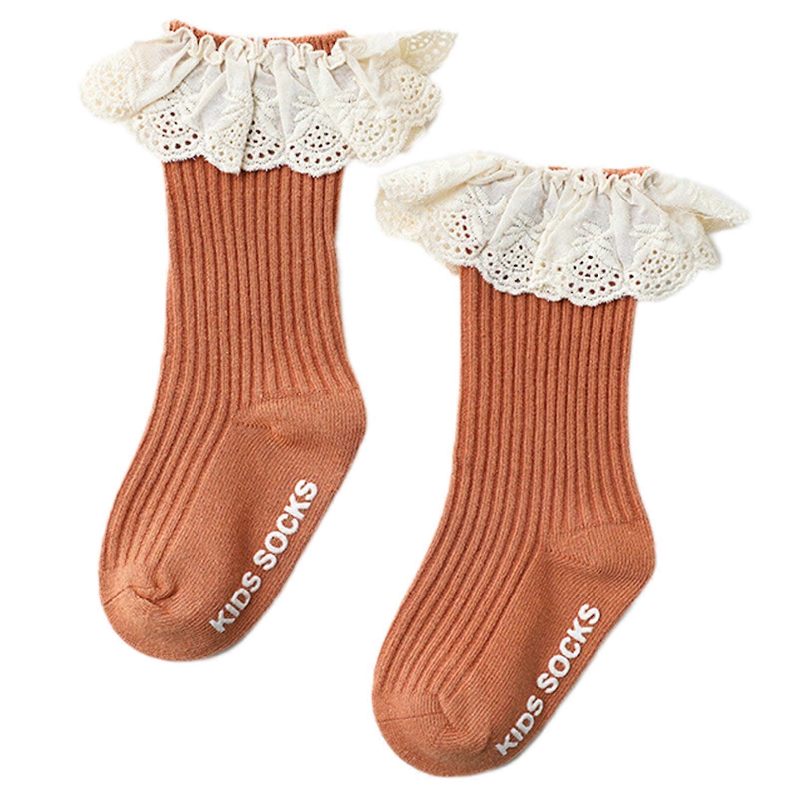 Enfant en bas âge Bébé Filles Chaussettes hautes avec poignées à volants Dentelle côtelée Tricot uni Couleur unie Non dérapant Coton Bas longs brûlé rouge S