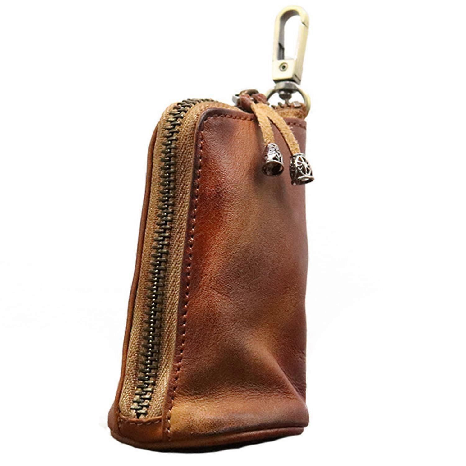 Medieval Leather Zipper Coin Pouch - Handmade Genuine Cowhide Coin Holder Key Chain in Brown, Compact Size for Coins