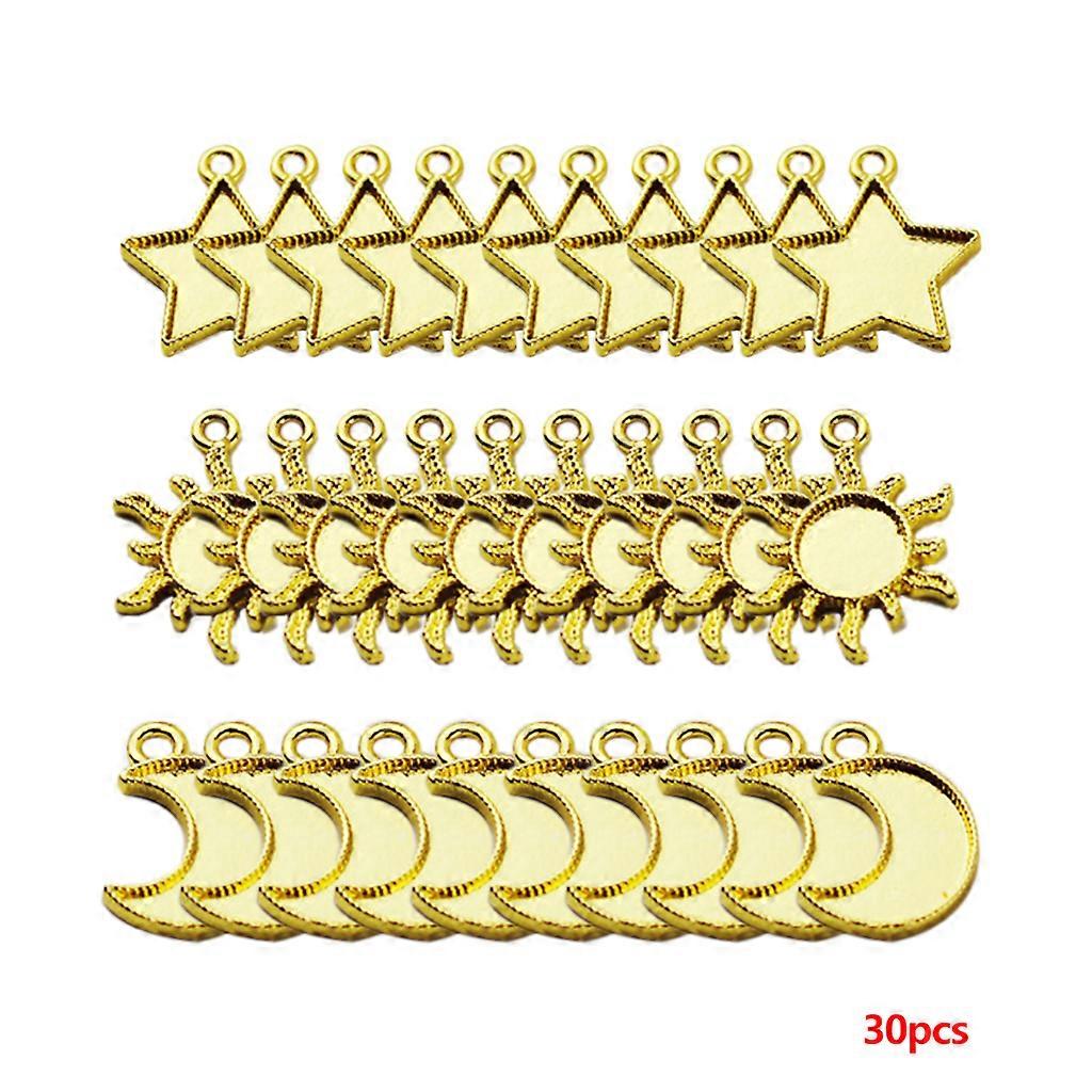 30 Pieces/Set Open Bezel Setting Star Moon for Sun Pendant Metal Frame for w/ Loop UV Resin Charm for DIY Casting Jewelr  Gold