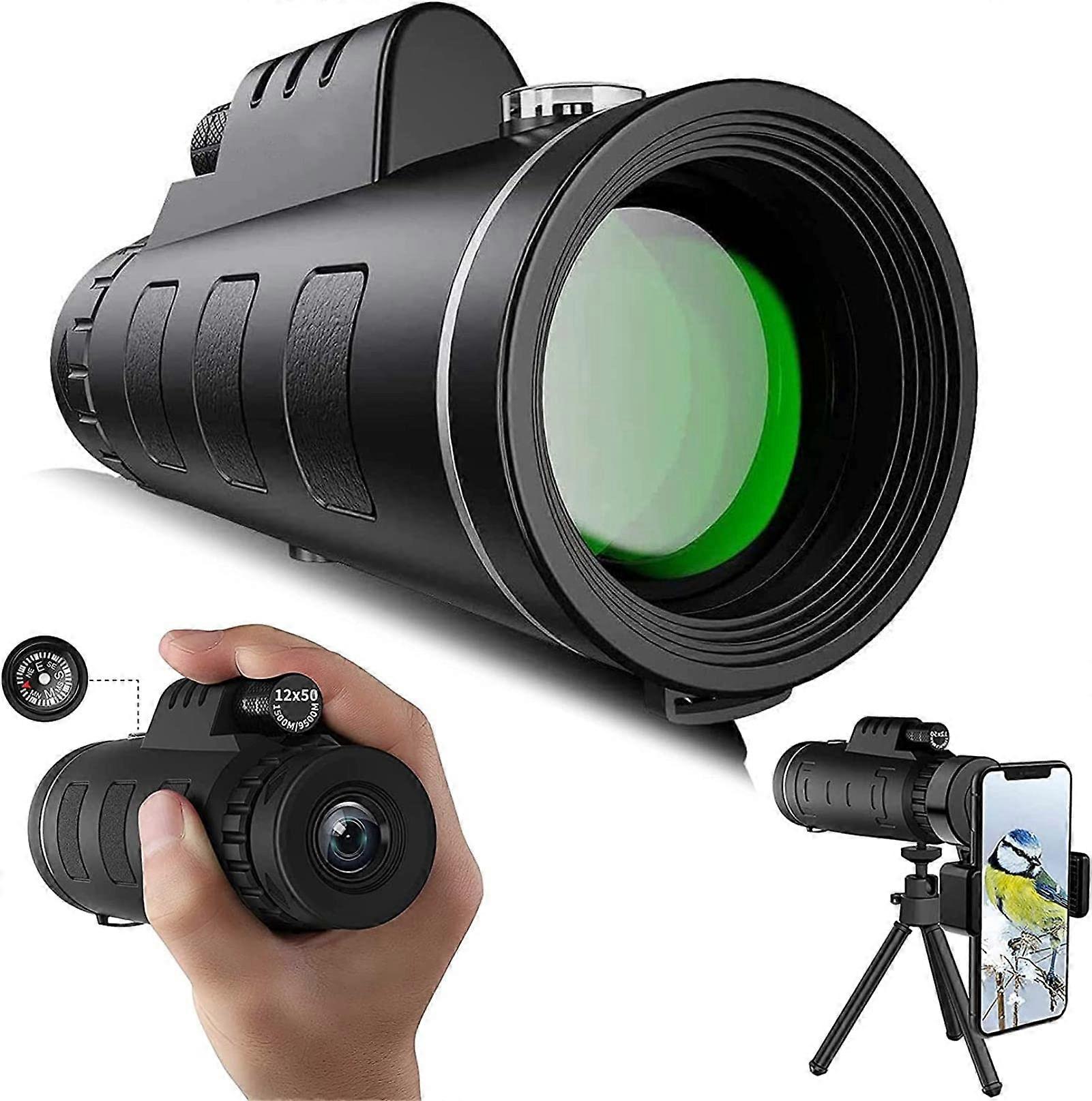 Monocular Binoculars 12x50 High Definition Telescope for Adults with Smartphone Holder and Tripod Stand