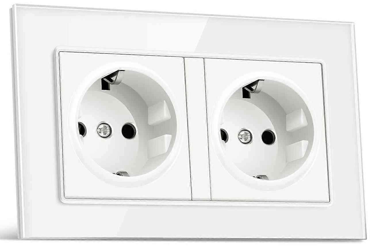 Eu Plug Double Socket Wall Electrical Outlets 16A - 250V White Glass Panel Germany Power Socket