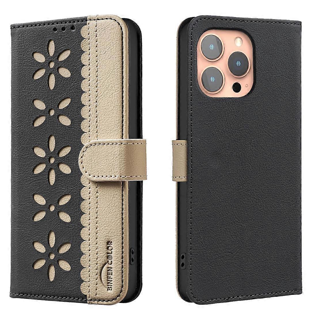 (New) Splicing Color Hollow Flower Pattern RFID Leather Phone Case