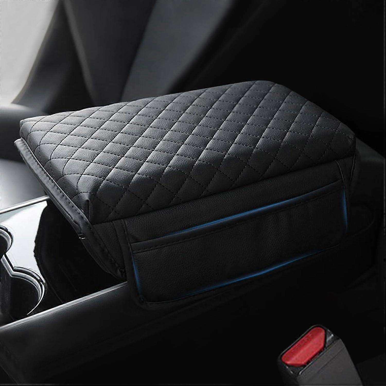 Center Console Armrest Cover for 2020-2023 Model Y and 2017-2023 Model 3, PU Leather Protector Pad with Pockets, Rhombus Design
