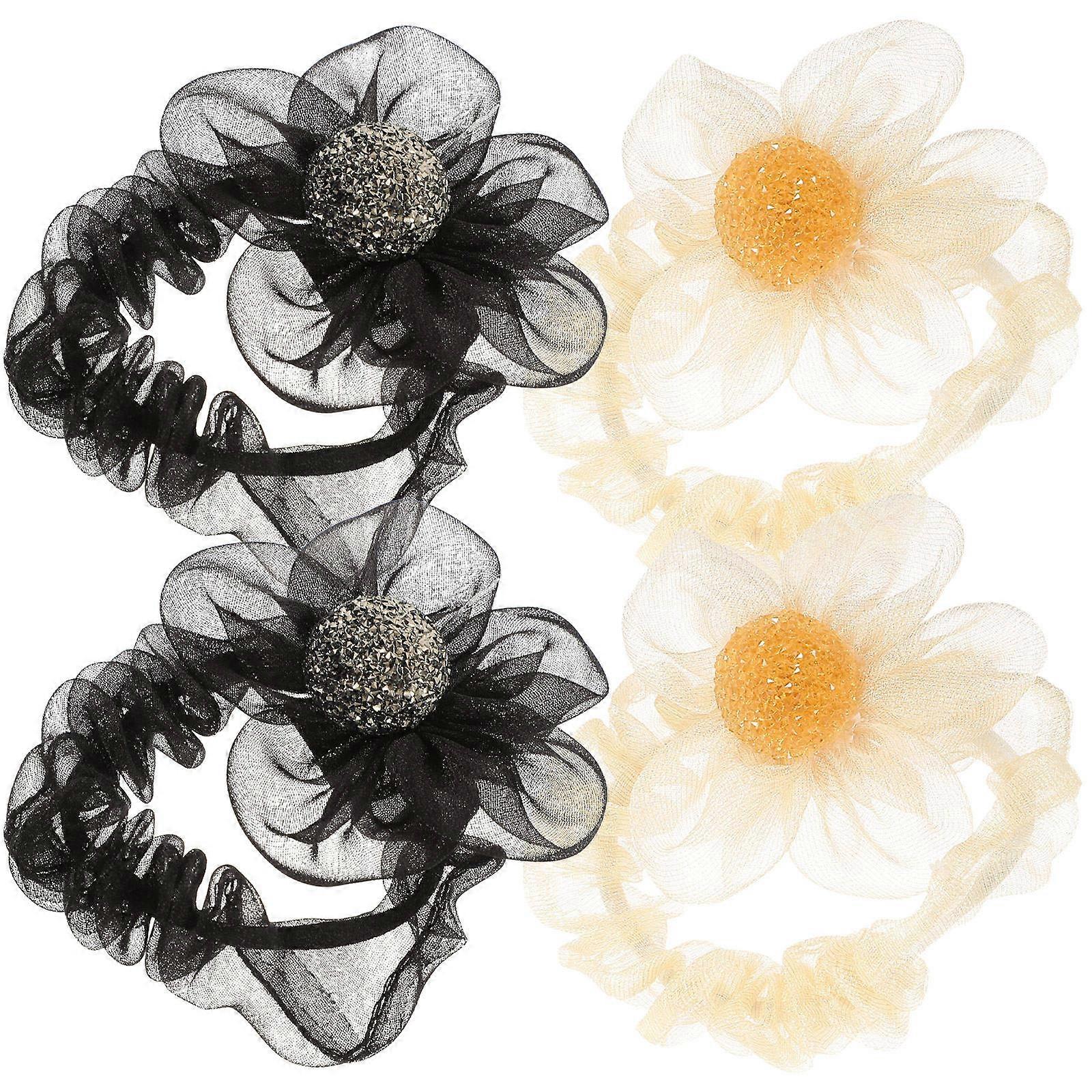 4pcs Elegant Flower Hair Scrunchies with Rhinestone Detail for Women – Stylish Mesh Hair Rings for Ponytails, Buns & Special Occasions